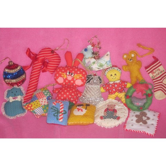 Vintage Handmade Stuffed Cloth Fabric Christmas Tree Ornaments Plush Mixed Lot - Picture 1 of 15